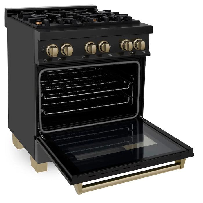 ZLINE 30" Autograph Edition Kitchen Package with Black Stainless Steel Dual Fuel Range, Range Hood and Dishwasher with Champagne Bronze Accents (3AKP-RABRHDWV30-CB)