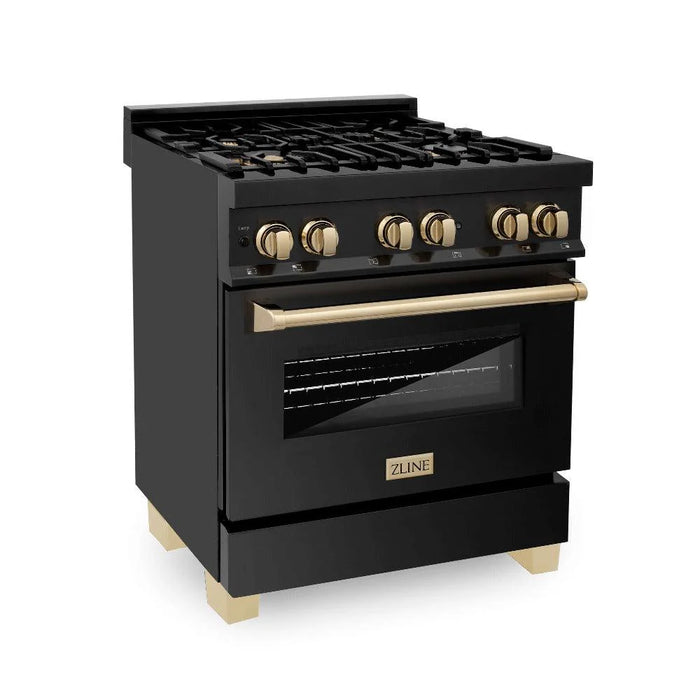 ZLINE 30" Autograph Edition Kitchen Package with Black Stainless Steel Dual Fuel Range, Range Hood, Dishwasher and Refrigeration with Gold Accents (4AKPR-RABRHDWV30-G)