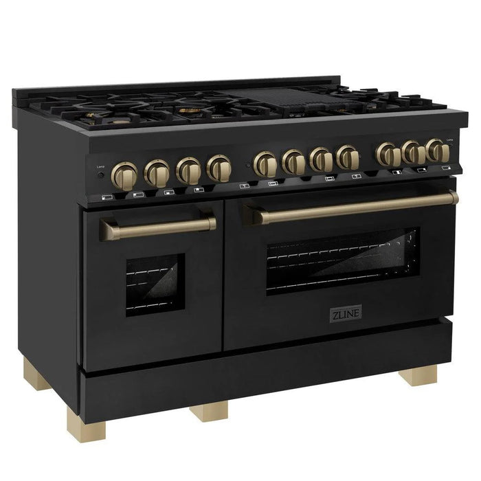 ZLINE 48" Autograph Edition Kitchen Package with Black Stainless Steel Dual Fuel Range and Range Hood with Champagne Bronze Accents (2AKP-RABRH48-CB)