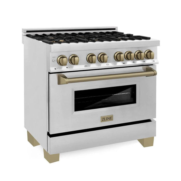ZLINE 36" Autograph Edition Kitchen Package with Stainless Steel Dual Fuel Range, Range Hood, Dishwasher and Refrigeration with Champagne Bronze Accents (4AKPR-RARHDWM36-CB)