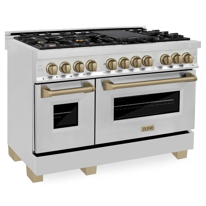 ZLINE 48" Autograph Edition Kitchen Package with Stainless Steel Dual Fuel Range, Range Hood, Dishwasher and Refrigeration with Champagne Bronze Accents (4AKPR-RARHDWM48-CB)