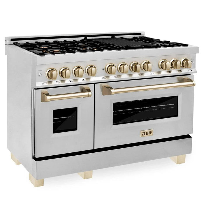 ZLINE 48" Autograph Edition Kitchen Package with Stainless Steel Dual Fuel Range, Range Hood, Dishwasher and Refrigeration with Gold Accents (4AKPR-RARHDWM48-G)