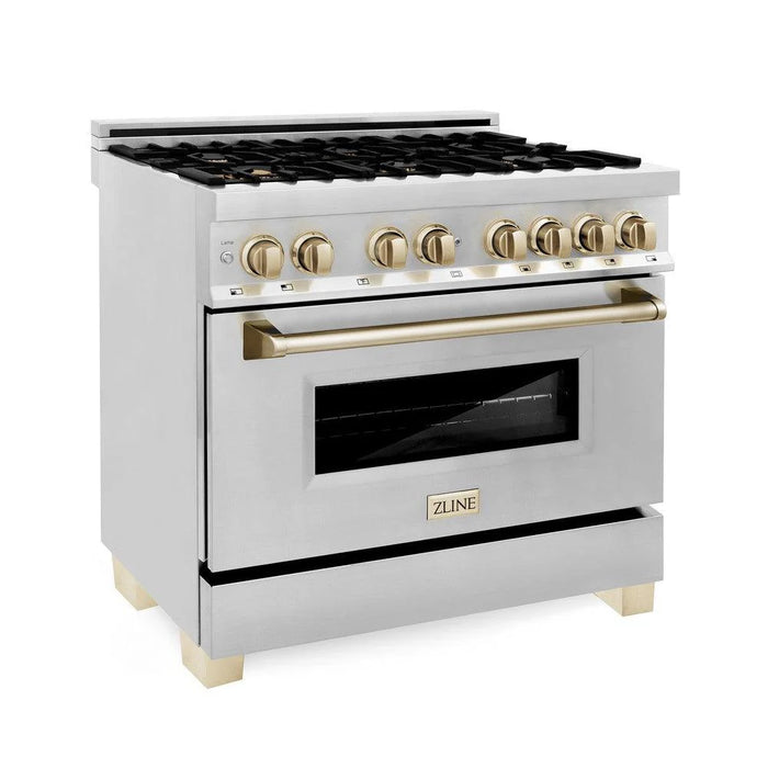 ZLINE 36" Autograph Edition Kitchen Package with Stainless Steel Dual Fuel Range, Range Hood, Dishwasher and Refrigeration with Gold Accents (4AKPR-RARHDWM36-G)