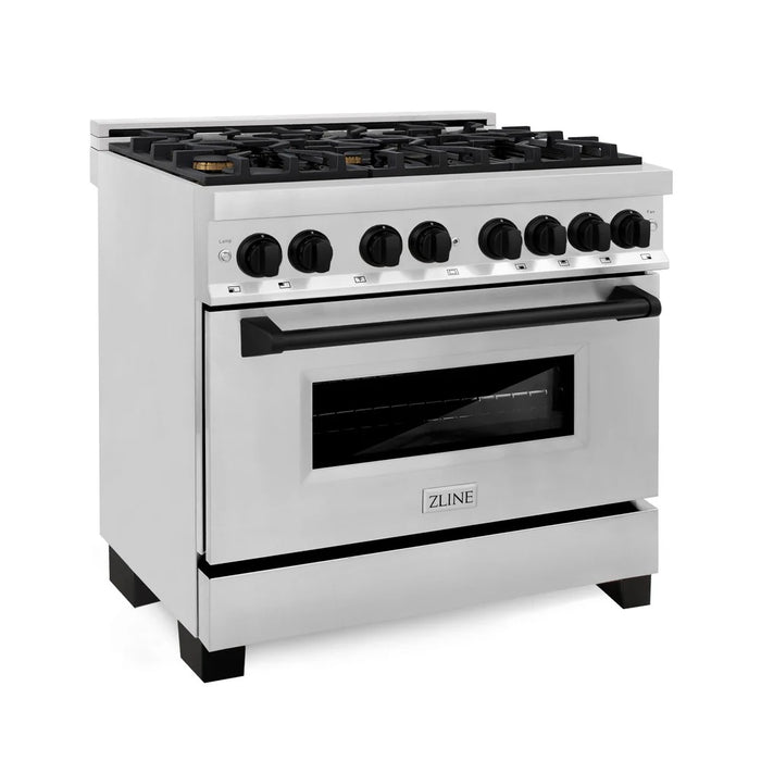 ZLINE 36" Autograph Edition Kitchen Package with Stainless Steel Dual Fuel Range, Range Hood, Dishwasher and Refrigeration with Matte Black Accents (4KAPR-RARHDWM36-MB)