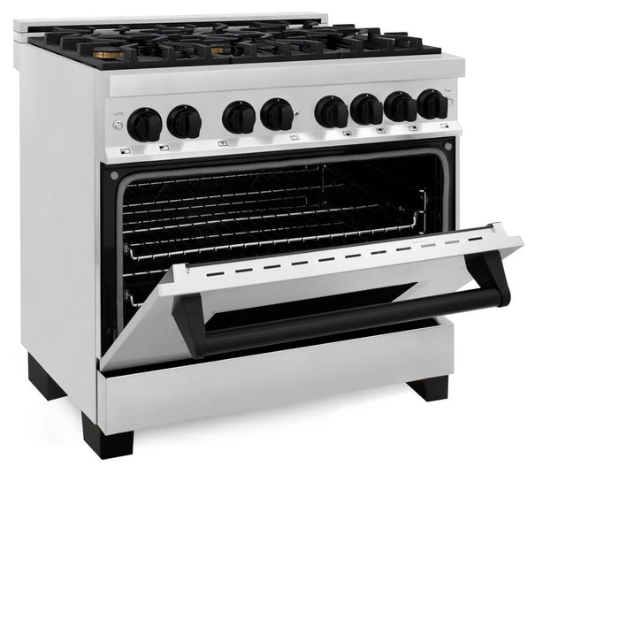 ZLINE 36" Autograph Edition Kitchen Package with Stainless Steel Dual Fuel Range, Range Hood, Dishwasher and Refrigeration with Matte Black Accents (4AKPR-RARHDWM36-MB)