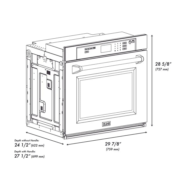 zline professional stainless steel wall oven WAS-30 dimensional diagram