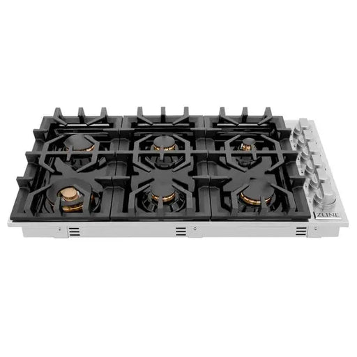 ZLINE 36 Inches Gas Cooktop with 6 Gas Brass Burners and Black Porcelain Top