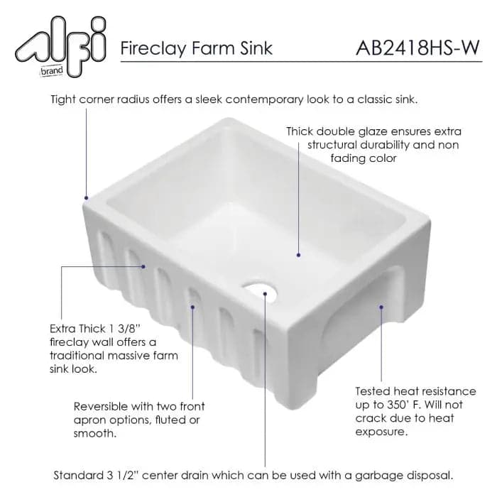 ALFI brand AB2418HS-W 24 inch White Reversible Smooth /