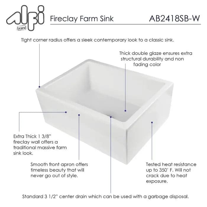 ALFI brand AB2418SB-W 24 White Smooth Thick Wall Fireclay