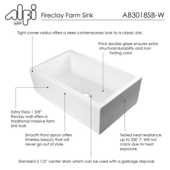 ALFI brand AB3018SB-W 30 White Smooth Apron Solid Thick Wall