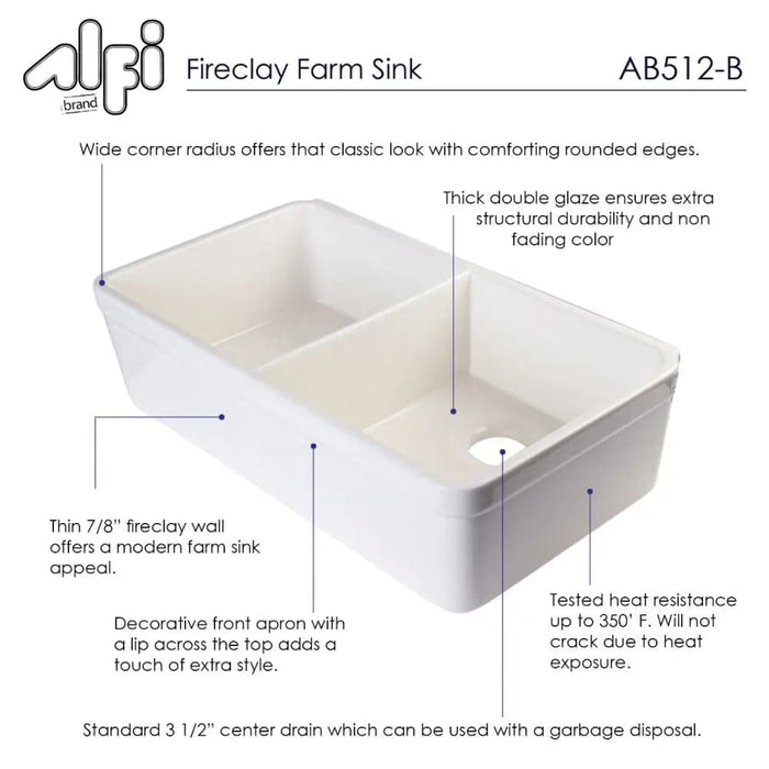 ALFI brand AB512-B Biscuit 32 Double Bowl Lip Apron Fireclay