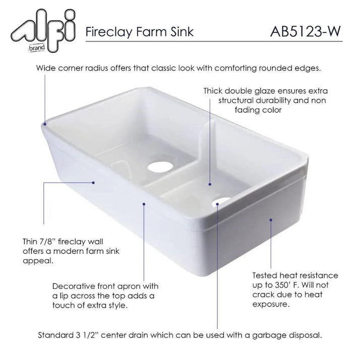 ALFI brand AB5123-W White 32 Short Wall Double Bowl Lip