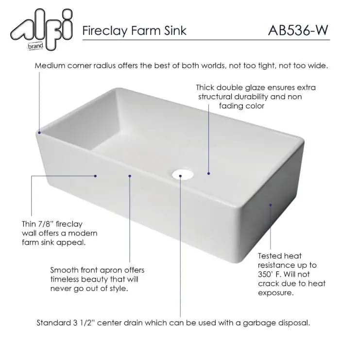 ALFI brand AB536-W White 36 Smooth Apron Single Bowl