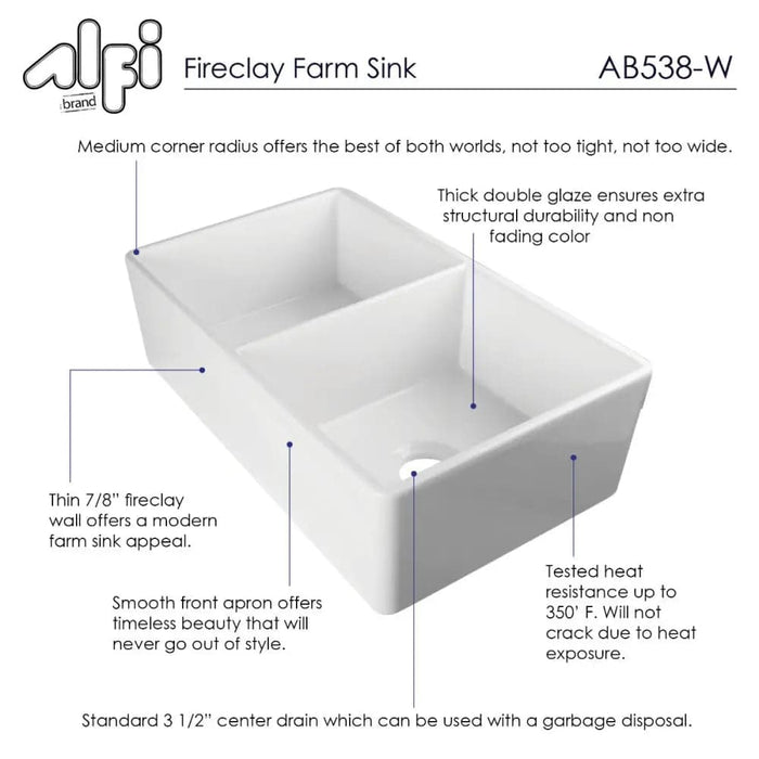 ALFI brand AB538-W White 32 Smooth Apron Double Bowl