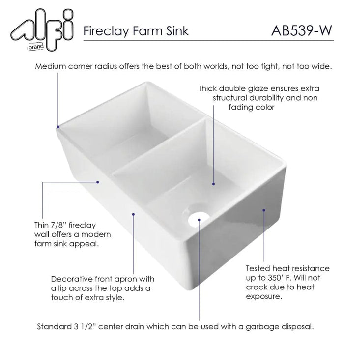 ALFI brand AB539-W White 32 Decorative Lip Apron Double Bowl