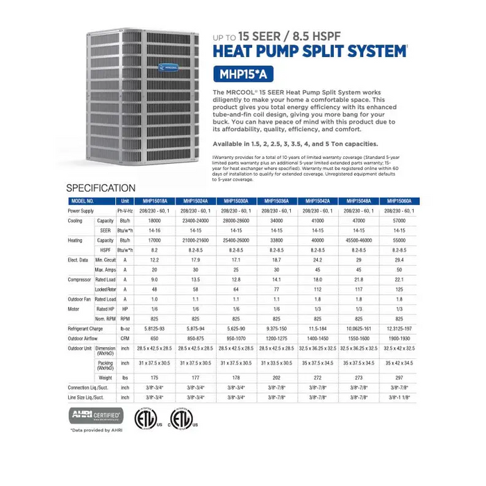 The MRCOOL 15 SEER Heat Pump Split System works diligently to make your home a comfortable space. This product gives you total energy efficiency with its enhanced tube-and-fin coil design, allowing you to get more bang for your buck. You can have peace of mind with this product due to its affordability, quality, efficiency, and comfort. Look no further for your family's next home central heating and air system. Specs