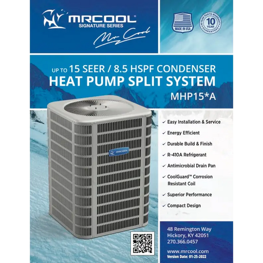 The MRCOOL 15 SEER Heat Pump Split System works diligently to make your home a comfortable space. This product gives you total energy efficiency with its enhanced tube-and-fin coil design, allowing you to get more bang for your buck. You can have peace of mind with this product due to its affordability, quality, efficiency, and comfort. Look no further for your family's next home central heating and air system.
