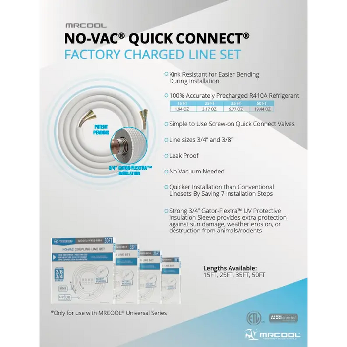 No-Vac 35ft 3/8 3/4 Precharged Lineset for Universal Series