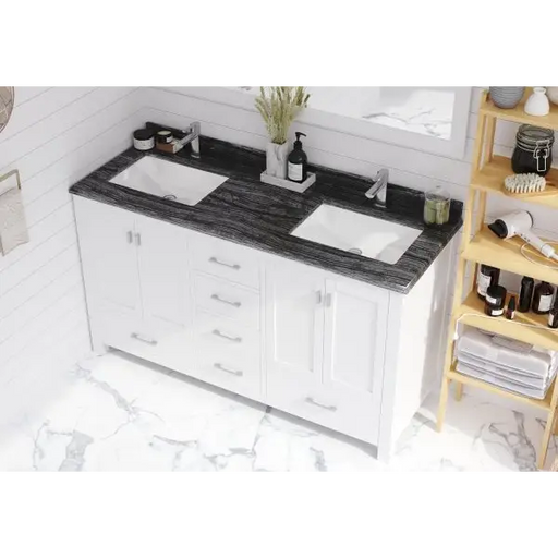 Wilson 60 White Double Sink Bathroom Vanity with Black Wood 