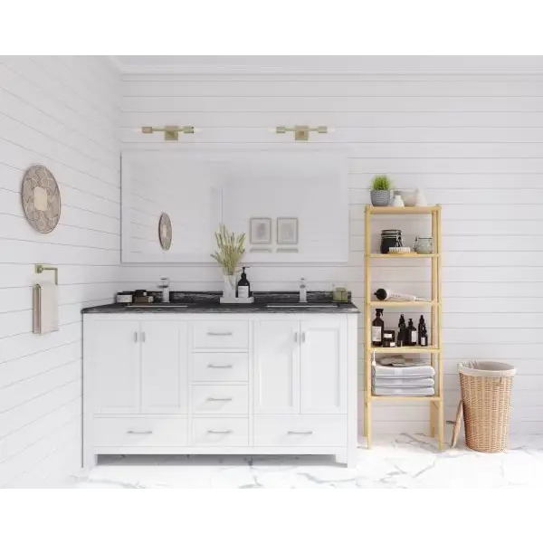 Wilson 60 White Double Sink Bathroom Vanity with Black Wood 
