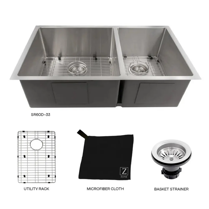 36 Chamonix Undermount Double Bowl Kitchen Sink with Bottom